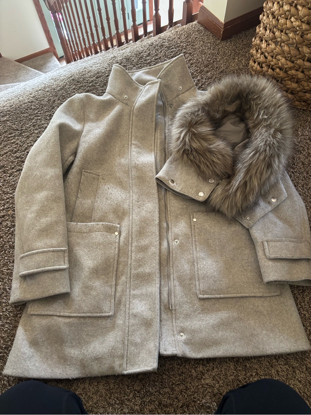 Nine West Light Gray Wool-Blend Pea Coat with Fur-Trim Hood